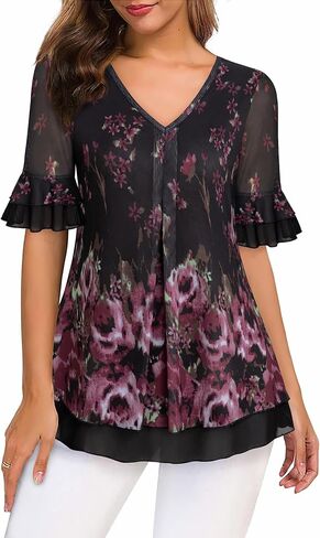 Women's Short Sleeve Tunic Tops Casual Loose Fit Floral Blouses Mesh Pleated Layered Shirt S-XXL in Kuwait