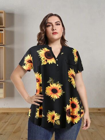 Plus Size Tops for Womens Casual V Neck Summer Short Sleeve Blouses Loose fits Basic Tunic for Leggings in Kuwait