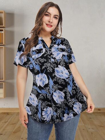 Plus Size Tops for Womens Casual V Neck Summer Short Sleeve Blouses Loose fits Basic Tunic for Leggings in Kuwait