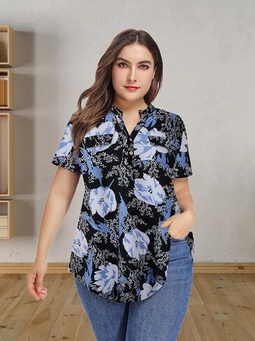 Plus Size Tops for Womens Casual V Neck Summer Short Sleeve Blouses Loose fits Basic Tunic for Leggings in Kuwait