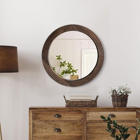 LOSOUR Round Mirror, Farmhouse Decor Solid Wood Frame Wall Circle Mirror, Decorative Mirrors for Bathroom Over Sink, Living Room, Entryway,Bedroom, Entryway, Hallway,Foyer (1, Coffee, 20" L x 20" W) in Saudi Arabia