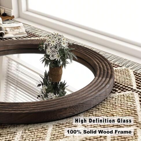 LOSOUR Round Mirror, Farmhouse Decor Solid Wood Frame Wall Circle Mirror, Decorative Mirrors for Bathroom Over Sink, Living Room, Entryway,Bedroom, Entryway, Hallway,Foyer (1, Coffee, 20" L x 20" W) in Saudi Arabia