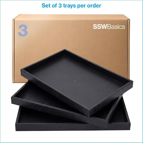 SSWBasics Large Black Plastic Stackable Tray - 14 3/4" W x 8 1/4" L x 1" H - Set of 3- Jewelry Tray - Stackable Plastic Jewelry Organizers for Retail or Home Use in Kuwait