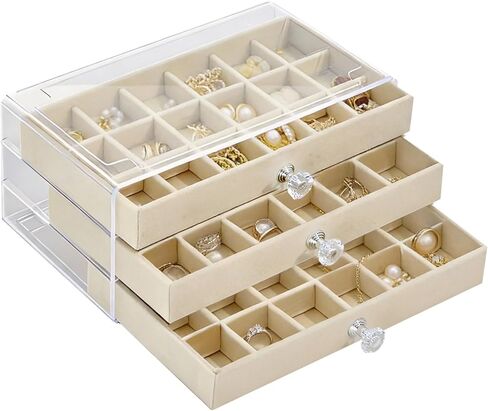 Clear Acrylic 3-Layer Velvet Jewelry Display Case, Earring and Jewelry Organizer with 54 Compartments, Beige Storage Box with Knob Handles, Transparent Top for Easy Viewing, 9.3 x 5.3 x 4.1 in​ in Saudi Arabia