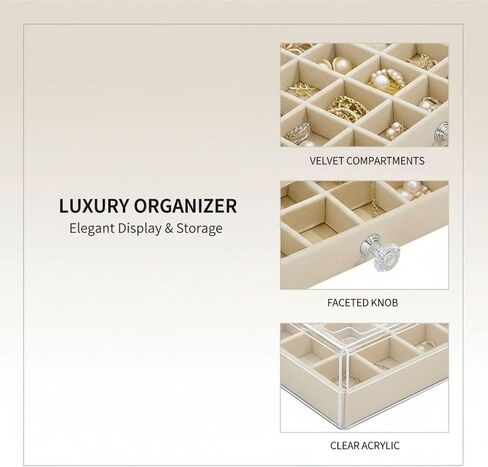 Clear Acrylic 3-Layer Velvet Jewelry Display Case, Earring and Jewelry Organizer with 54 Compartments, Beige Storage Box with Knob Handles, Transparent Top for Easy Viewing, 9.3 x 5.3 x 4.1 in​ in Saudi Arabia