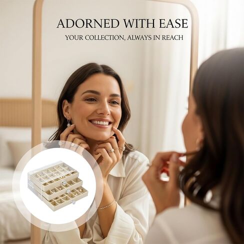 Clear Acrylic 3-Layer Velvet Jewelry Display Case, Earring and Jewelry Organizer with 54 Compartments, Beige Storage Box with Knob Handles, Transparent Top for Easy Viewing, 9.3 x 5.3 x 4.1 in​ in Saudi Arabia