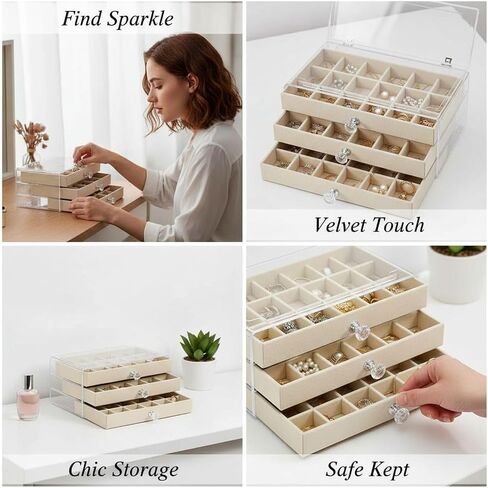 Clear Acrylic 3-Layer Velvet Jewelry Display Case, Earring and Jewelry Organizer with 54 Compartments, Beige Storage Box with Knob Handles, Transparent Top for Easy Viewing, 9.3 x 5.3 x 4.1 in​ in Saudi Arabia
