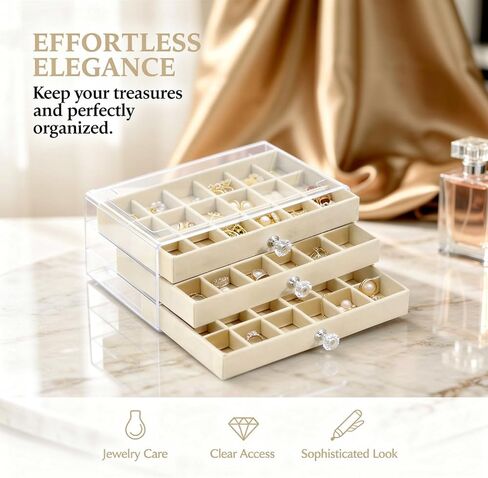 Clear Acrylic 3-Layer Velvet Jewelry Display Case, Earring and Jewelry Organizer with 54 Compartments, Beige Storage Box with Knob Handles, Transparent Top for Easy Viewing, 9.3 x 5.3 x 4.1 in​ in Saudi Arabia