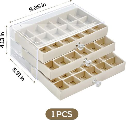 Clear Acrylic 3-Layer Velvet Jewelry Display Case, Earring and Jewelry Organizer with 54 Compartments, Beige Storage Box with Knob Handles, Transparent Top for Easy Viewing, 9.3 x 5.3 x 4.1 in​ in Saudi Arabia