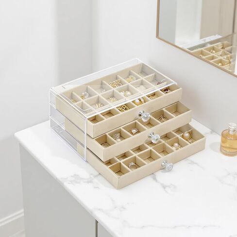 Clear Acrylic 3-Layer Velvet Jewelry Display Case, Earring and Jewelry Organizer with 54 Compartments, Beige Storage Box with Knob Handles, Transparent Top for Easy Viewing, 9.3 x 5.3 x 4.1 in​ in Saudi Arabia
