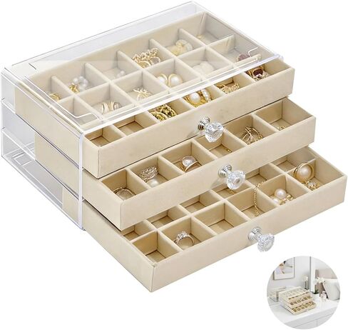Clear Acrylic 3-Layer Velvet Jewelry Display Case, Earring and Jewelry Organizer with 54 Compartments, Beige Storage Box with Knob Handles, Transparent Top for Easy Viewing, 9.3 x 5.3 x 4.1 in​ in Saudi Arabia