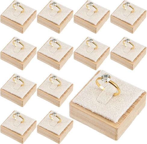 Afcabakila12pcs Bamboo Rings Display Stand Ring Display Holder Wooden Rings holder Single Finger Ring Support for Showcase Countertop Drawer,Selling Jewelry Storage Organizer, Square(Beige Velvet) in Saudi Arabia