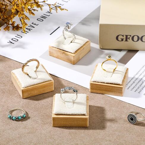 Afcabakila12pcs Bamboo Rings Display Stand Ring Display Holder Wooden Rings holder Single Finger Ring Support for Showcase Countertop Drawer,Selling Jewelry Storage Organizer, Square(Beige Velvet) in Saudi Arabia