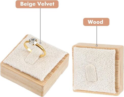 Afcabakila12pcs Bamboo Rings Display Stand Ring Display Holder Wooden Rings holder Single Finger Ring Support for Showcase Countertop Drawer,Selling Jewelry Storage Organizer, Square(Beige Velvet) in Saudi Arabia
