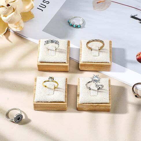 Afcabakila12pcs Bamboo Rings Display Stand Ring Display Holder Wooden Rings holder Single Finger Ring Support for Showcase Countertop Drawer,Selling Jewelry Storage Organizer, Square(Beige Velvet) in Saudi Arabia