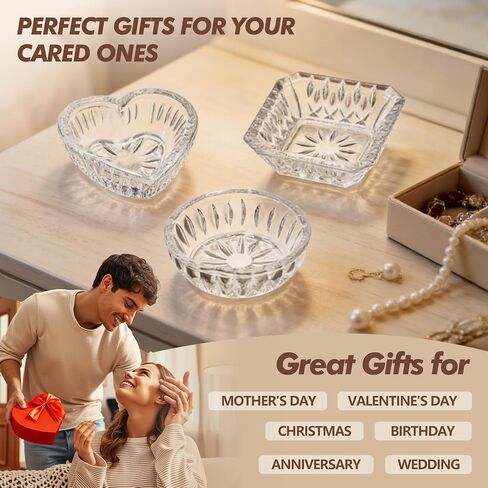 Set of 3 Clear Jewelry Dish Tray for Women Crystal Ring Holder for Wedding Engagement Birthday Mother's Day(Round, Square, Heart) in Saudi Arabia