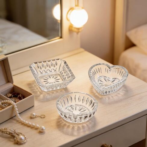 Set of 3 Clear Jewelry Dish Tray for Women Crystal Ring Holder for Wedding Engagement Birthday Mother's Day(Round, Square, Heart) in Saudi Arabia