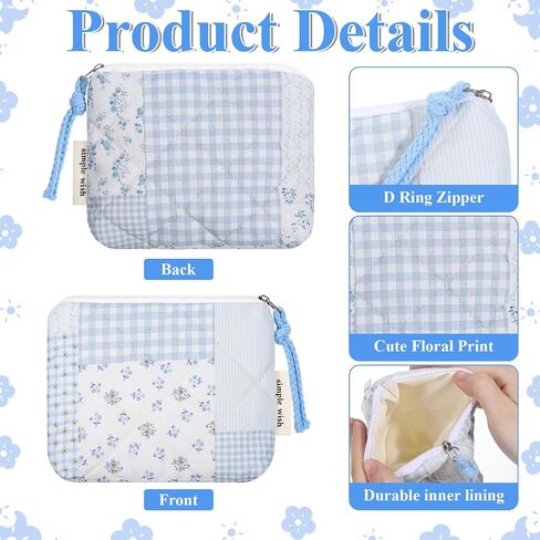 Quilted Floral Coin Purse Small Change Pouch Wallet with Cute Prints and Zipper Travel Makeup Toiletry Organizer Bag for Women Girls in Saudi Arabia