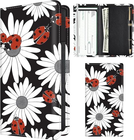 Checkbook Cover for Personal Checkbook, Cute PU Leather Check Book for Women & Men, Slim Checkbook Holder with Pen Holder and Built-in Clear Plastic Divider Chamomile Daisy Ladybug in Saudi Arabia