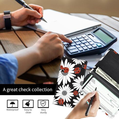 Checkbook Cover for Personal Checkbook, Cute PU Leather Check Book for Women & Men, Slim Checkbook Holder with Pen Holder and Built-in Clear Plastic Divider Chamomile Daisy Ladybug in Saudi Arabia