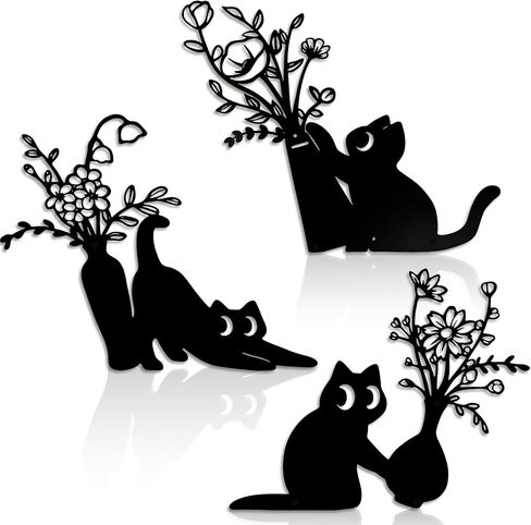 AerWo 3 Pack Black Cat Metal Wall Art Decor, Modern Minimalist Cat Wall Art with Floral Vase Design, Cute Wall Decor for Living Room Bathroom Bedroom Kitchen Entryway, Cat Lover Housewarming Gifts in Saudi Arabia