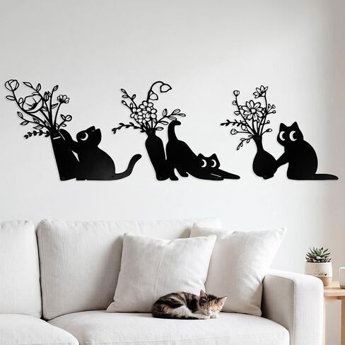 AerWo 3 Pack Black Cat Metal Wall Art Decor, Modern Minimalist Cat Wall Art with Floral Vase Design, Cute Wall Decor for Living Room Bathroom Bedroom Kitchen Entryway, Cat Lover Housewarming Gifts in Saudi Arabia