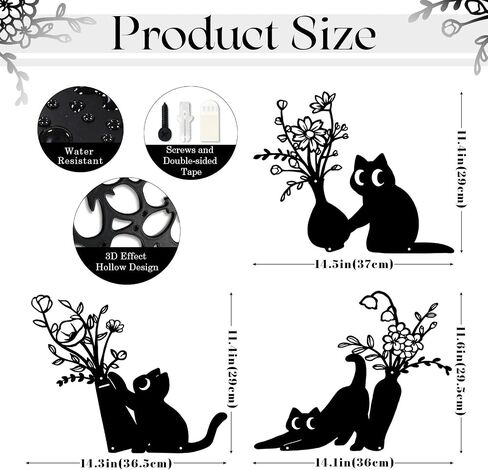 AerWo 3 Pack Black Cat Metal Wall Art Decor, Modern Minimalist Cat Wall Art with Floral Vase Design, Cute Wall Decor for Living Room Bathroom Bedroom Kitchen Entryway, Cat Lover Housewarming Gifts in Saudi Arabia