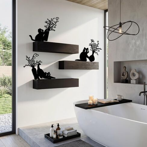 AerWo 3 Pack Black Cat Metal Wall Art Decor, Modern Minimalist Cat Wall Art with Floral Vase Design, Cute Wall Decor for Living Room Bathroom Bedroom Kitchen Entryway, Cat Lover Housewarming Gifts in Saudi Arabia