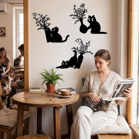 AerWo 3 Pack Black Cat Metal Wall Art Decor, Modern Minimalist Cat Wall Art with Floral Vase Design, Cute Wall Decor for Living Room Bathroom Bedroom Kitchen Entryway, Cat Lover Housewarming Gifts in Saudi Arabia