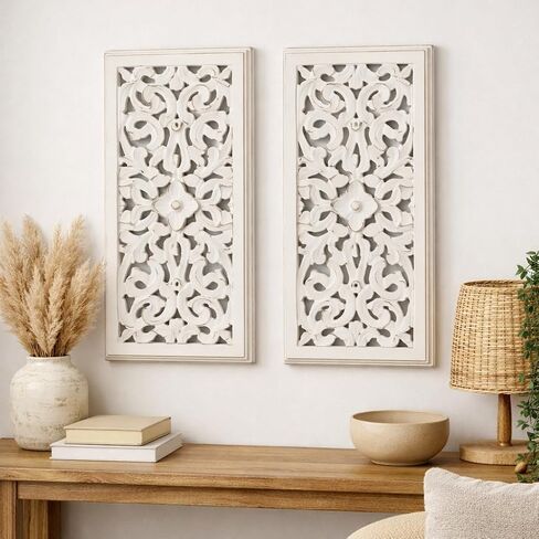 Expobazaar India Curated Hand Carved Wooden Wall Panel Set of 2, White Wash Decorative Wood Wall Art, Rustic Wall Décor Panels for Living Room, Bedroom & Entryway in Kuwait