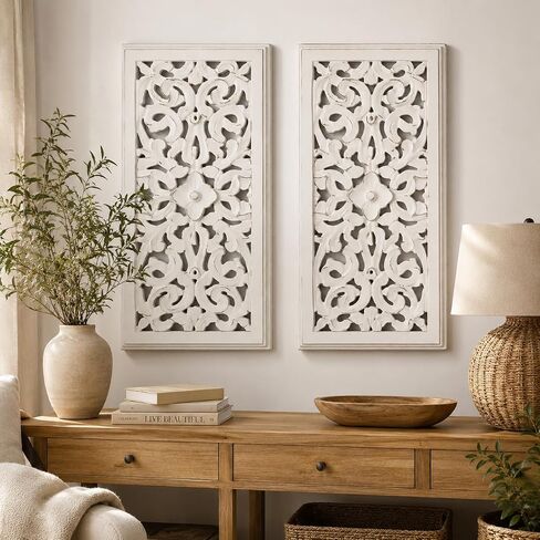 Expobazaar India Curated Hand Carved Wooden Wall Panel Set of 2, White Wash Decorative Wood Wall Art, Rustic Wall Décor Panels for Living Room, Bedroom & Entryway in Kuwait
