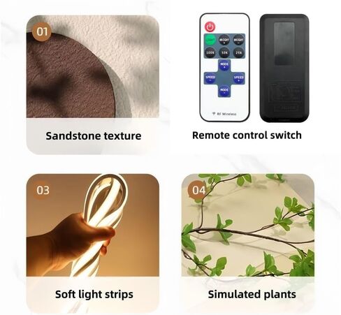 AICHENG 3D Wall Art Decor with Led Lights - Handmade Sandstone Wall Art with Vase & Artificial Greenery,《Plug-in models》 for Living Room Bedroom Hallway Restaurants, Studies, and Offices in Saudi Arabia