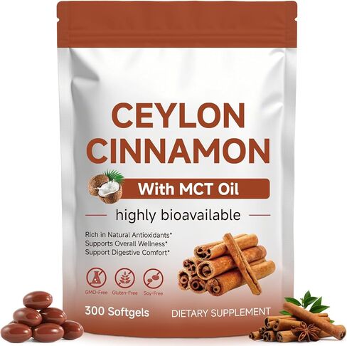 Ceylon Cinnamon Capsules 300 Softgels - Cinnamon Supplements with MCT Oil - Natural Antioxidant - Supports Normal Glucose Metabolism, Cardiovascular Wellness & Digestive Balance for Adults in Saudi Arabia