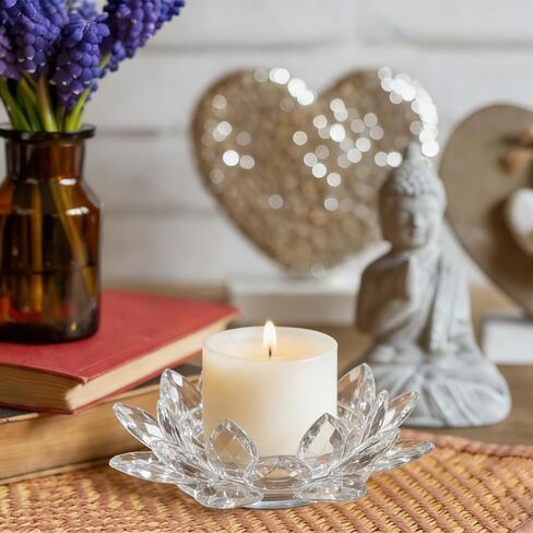 Large Crystal Lotus Tealight Candle Holder for Up to 6" Diameter Pillar Candlestick, Chunky Glass Votive Stand for Wedding, Party, Table Centerpiece Decor and Yoga Meditation (1, Clear) in Saudi Arabia