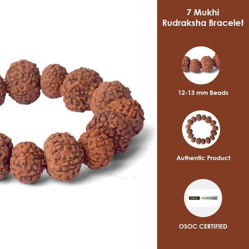 SATVIK - (12mm - 7 Mukhi Rudraksha Bracelet Beads on Elastic Thread, Natural Rudraksha Wrist Mala, Spiritual Jewelry for Daily Wear, Unisex, OSOC™ Certified in Saudi Arabia