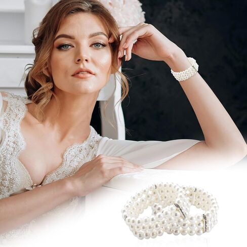 2Pcs Pearl Bracelets for Women, 1920s Vintage Flapper Style Pearl Stretch Bracelet, 3-Rows Faux Pearl Wrist Bracelets Jewelry for Women Daily Wear, Elegant Bridal Wedding Prom Party Accessory in Saudi Arabia