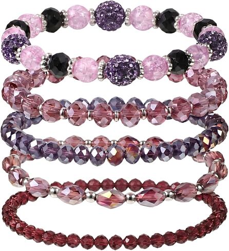 5 Pack Bohemian Beaded Bracelets Stackable Purple Bracelets for Women Bohemian Glass Faceted Crystal Beads Bracelet Costume Jewelry for Women Birthday Valentine's Day Gifts(Purple) in Saudi Arabia