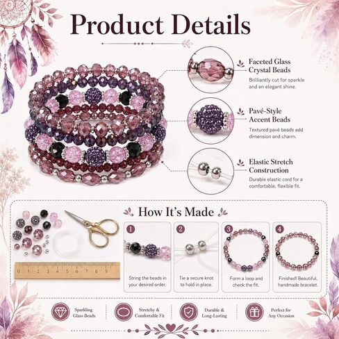 5 Pack Bohemian Beaded Bracelets Stackable Purple Bracelets for Women Bohemian Glass Faceted Crystal Beads Bracelet Costume Jewelry for Women Birthday Valentine's Day Gifts(Purple) in Saudi Arabia