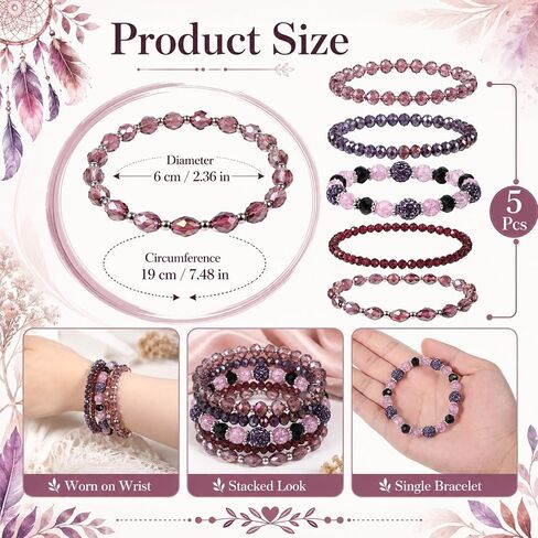 5 Pack Bohemian Beaded Bracelets Stackable Purple Bracelets for Women Bohemian Glass Faceted Crystal Beads Bracelet Costume Jewelry for Women Birthday Valentine's Day Gifts(Purple) in Saudi Arabia