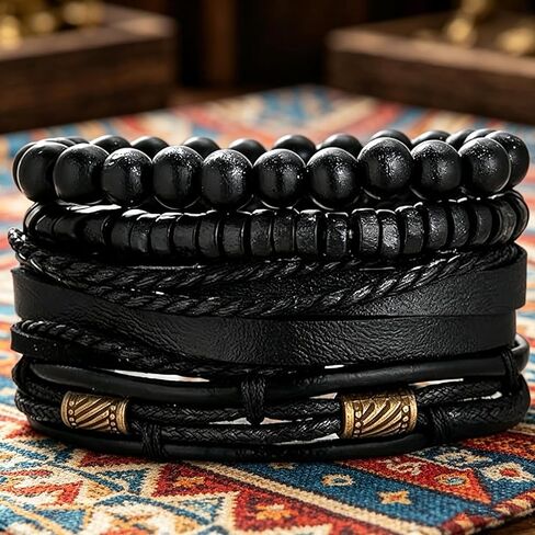 Braided Leather And Wood Bead Bracelet Set for Men Women ，Beads Cuff Bracelet Hemp Cords Ethnic Tribal，Wristband Stackable Bracelets Set Adjustable，Fashion Jewelry， Daily Wear And Party, Gift for He in Kuwait