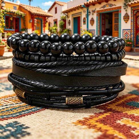 Braided Leather And Wood Bead Bracelet Set for Men Women ，Beads Cuff Bracelet Hemp Cords Ethnic Tribal，Wristband Stackable Bracelets Set Adjustable，Fashion Jewelry， Daily Wear And Party, Gift for He in Kuwait