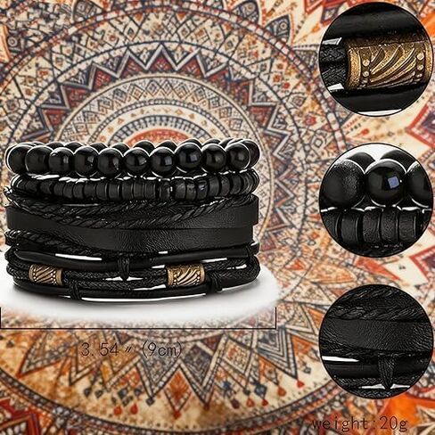 Braided Leather And Wood Bead Bracelet Set for Men Women ，Beads Cuff Bracelet Hemp Cords Ethnic Tribal，Wristband Stackable Bracelets Set Adjustable，Fashion Jewelry， Daily Wear And Party, Gift for He in Kuwait