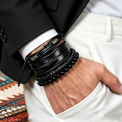 Braided Leather And Wood Bead Bracelet Set for Men Women ，Beads Cuff Bracelet Hemp Cords Ethnic Tribal，Wristband Stackable Bracelets Set Adjustable，Fashion Jewelry， Daily Wear And Party, Gift for He in Kuwait