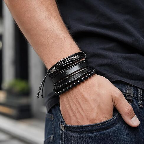 Braided Leather And Wood Bead Bracelet Set for Men Women ，Beads Cuff Bracelet Hemp Cords Ethnic Tribal，Wristband Stackable Bracelets Set Adjustable，Fashion Jewelry， Daily Wear And Party, Gift for He in Kuwait