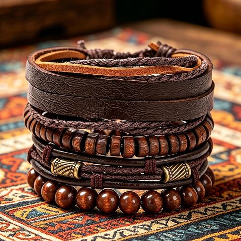Braided Leather And Wood Bead Bracelet Set for Men Women ，Beads Cuff Bracelet Hemp Cords Ethnic Tribal，Wristband Stackable Bracelets Set Adjustable，Fashion Jewelry， Daily Wear And Party, Gift for He in Kuwait