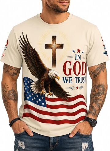 Men's Christian Faith Patriotic T Shirt Eagle Cross American Flag Graphic Independence Inspired Casual Summer Tee in Saudi Arabia