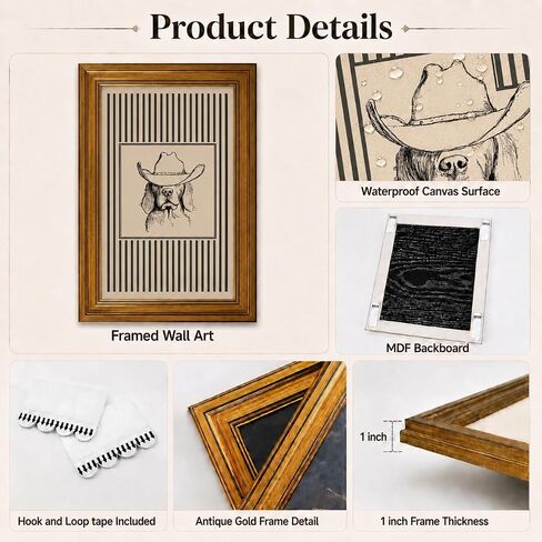 LECYHCYHLE Vintage Gold Framed Cowboy Dog Wall Art Western Dog Sketch Print Striped Southwestern Animal Picture Cute Cowboy Dog Decor for Boys Room Bathroom Office 9x11 Inch in Kuwait