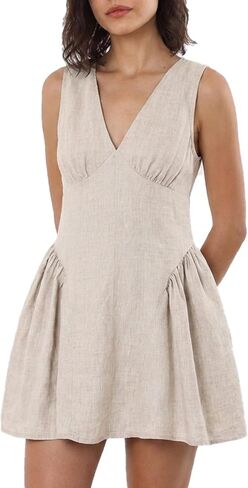 Amazhiyu Womens 100% Linen Deep V Neck Mini Dress Sleeveless Short A Line Dresses in Kuwait