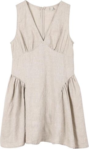 Amazhiyu Womens 100% Linen Deep V Neck Mini Dress Sleeveless Short A Line Dresses in Kuwait