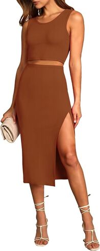 Herou Women Summer Tank Top Dress Bodycon Side Slit Crew Neck Dress Cut Out Sleeveless Ribbed Sundress for Women in Saudi Arabia